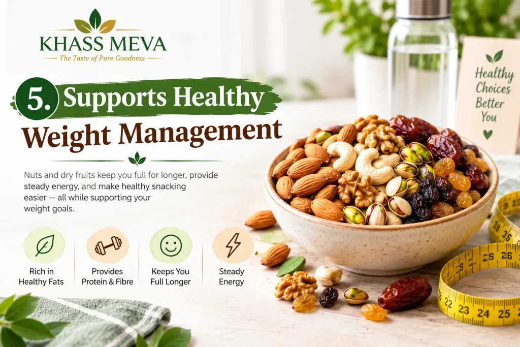 Dry fruits including almonds, cashews, walnuts, pistachios, raisins and dates for healthy snacking and weight management